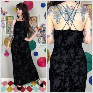 Vintage Y2K Black Burnout Velvet Bias Cut Strappy Maxi Dress